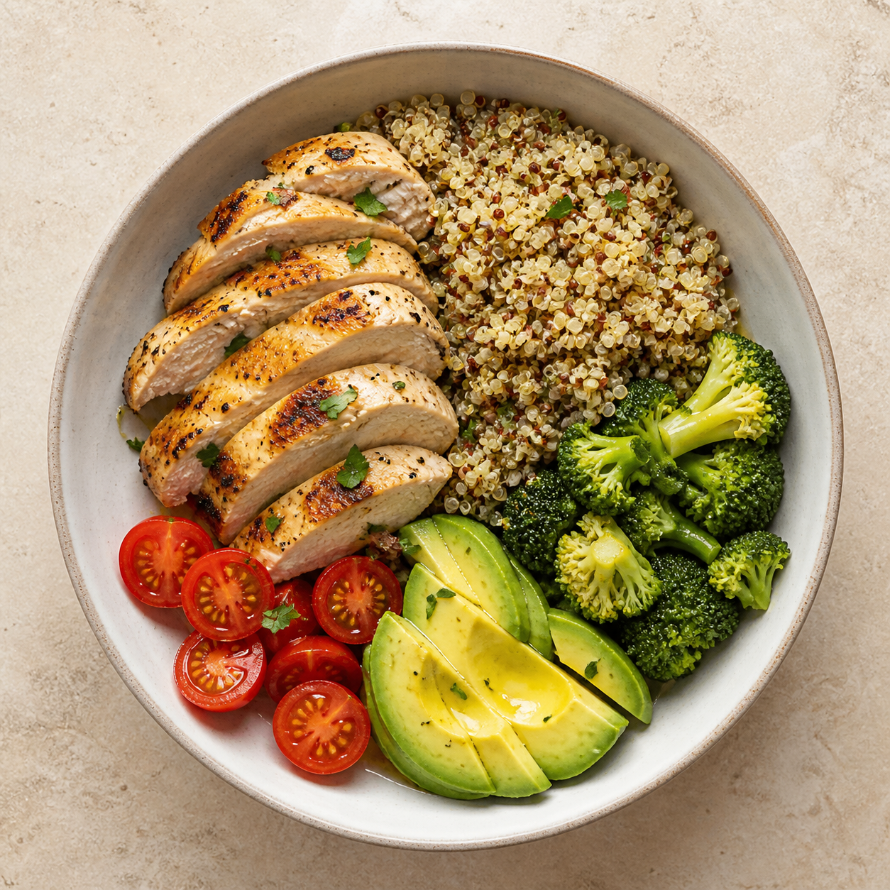 Grilled chicken quinoa bowl with broccoli, cherry tomatoes, and avocado